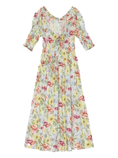 Doen Ischia Shirred Floral-print Midi Dress In Multi