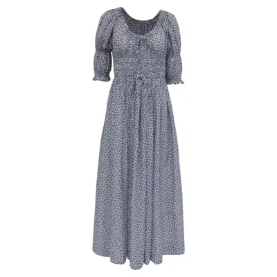 Pre-owned Doen Ischia Shirred Floral-print Midi Dress In Blue Cotton In Grey