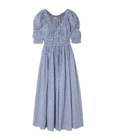 Doen Ischia Shirred Floral-print Organic Cotton-voile Midi Dress In Blue