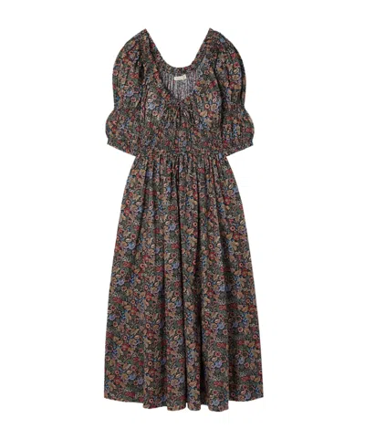 Doen Ischia Shirred Floral-print Organic Cotton-voile Midi Dress In Multi