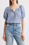 Doen June Gathered Gingham Organic Cotton Blouse In Blue Gingham