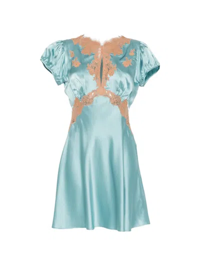 Doen Junia Lace-trimmed Silk-satin Mini Dress In Blue