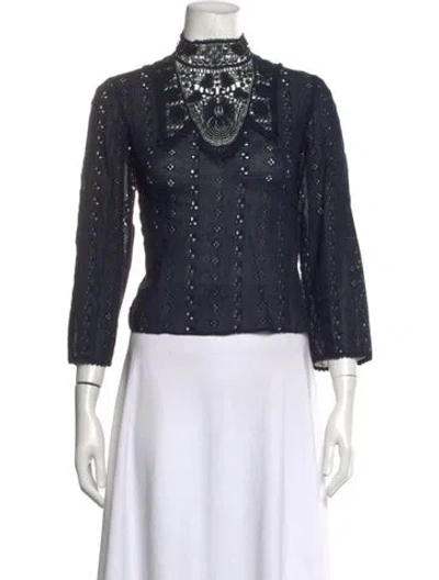 Pre-owned Doen Lace Pattern Three-quarter Sleeve Blouse In Blue