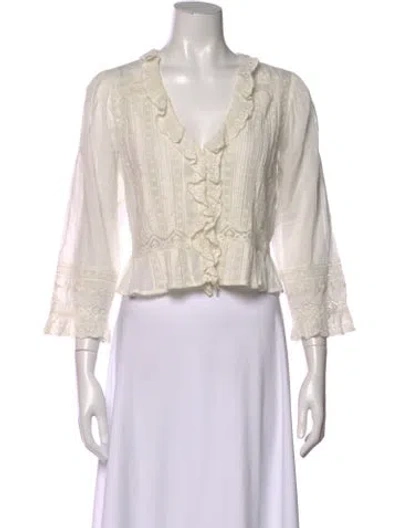 Pre-owned Doen Lace Pattern V-neck Blouse In White