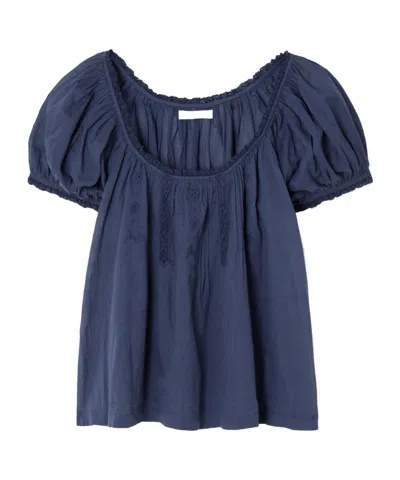Doen Lace-trimmed Organic Cotton-voile Blouse In Blue