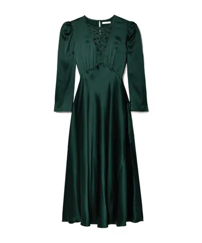 Doen Melinda Embroidered Silk-satin Midi Dress In Green
