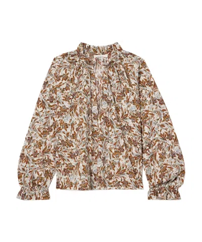 Doen Juna Tie-neck Floral-print Organic Cotton-voile Top In Brown