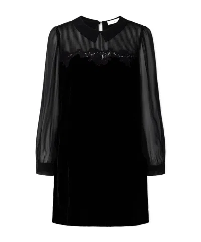 Doen Madelynne Corded Lace And Silk Chiffon-trimmed Velvet Mini Dress In Black