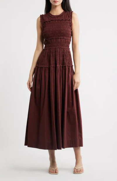 Doen Dôen Mallory Smocked Organic Cotton Midi Dress In Brown