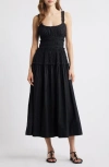 Doen Marianne Shirred Organic Cotton-poplin Midi Dress In Black