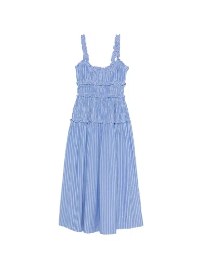 Doen Marianne Shirred Striped Cotton-poplin Midi Dress In Black