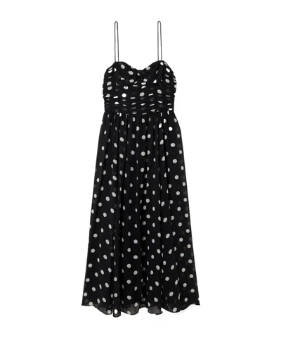 Doen Maryanna Bow-detailed Ruched Polka-dot Silk-georgette Midi Dress In Black
