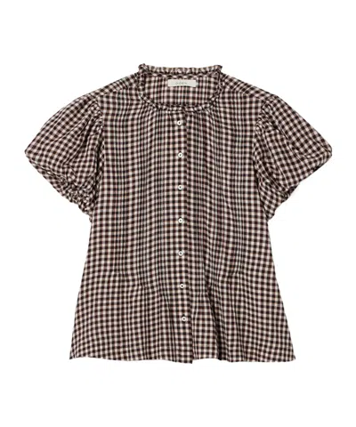 Doen Millie Ruffled Checked Organic Cotton-voile Blouse In Brown