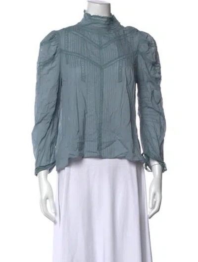 Pre-owned Doen Mock Neck Long Sleeve Blouse In Blue