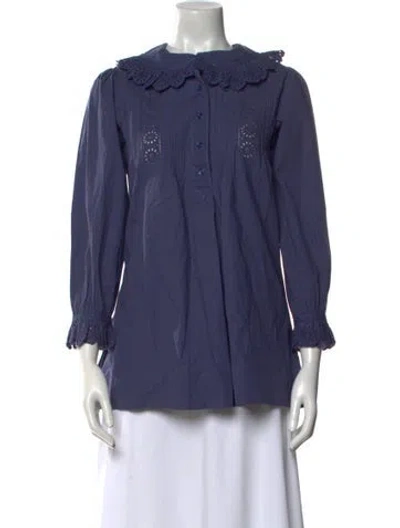Pre-owned Doen Mock Neck Three-quarter Sleeve Blouse In Blue