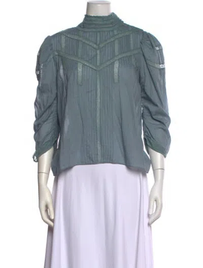 Pre-owned Doen Mock Neck Three-quarter Sleeve Blouse In Blue