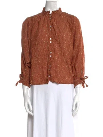 Pre-owned Doen Mock Neck Three-quarter Sleeve Blouse In Brown
