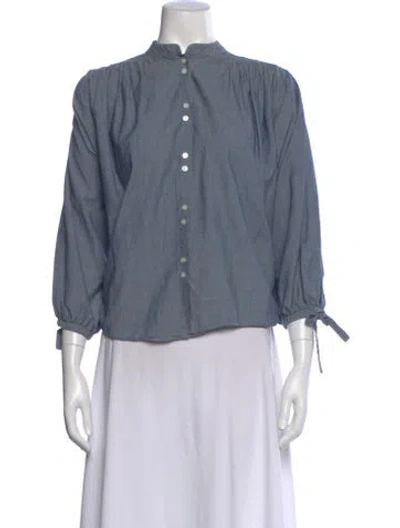 Pre-owned Doen Mock Neck Three-quarter Sleeve Button-up Top In Blue