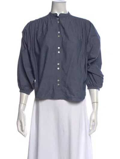 Pre-owned Doen Mock Neck Three-quarter Sleeve Button-up Top In Blue