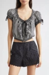 Doen Dôen Nera Tie Neck Puff Sleeve Crop Top In Black