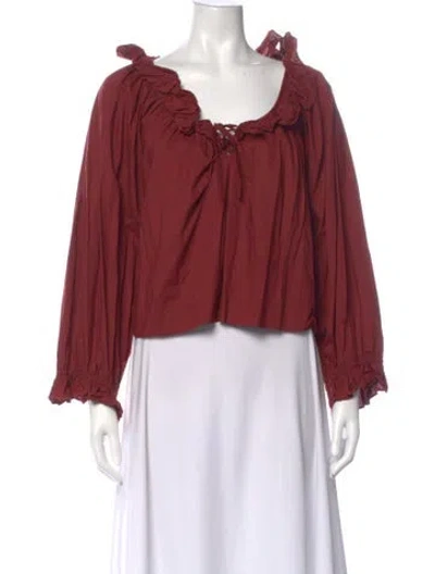 Pre-owned Doen Off-the-shoulder Long Sleeve Blouse In Red