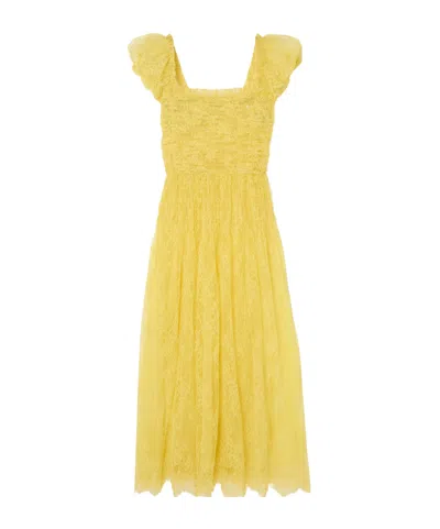 Doen Pamelina Ruffled Shirred Lace Midi Dress In Yellow