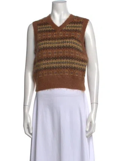Pre-owned Doen Patterned V-neck Sweater W/ Tags In Brown/yellow