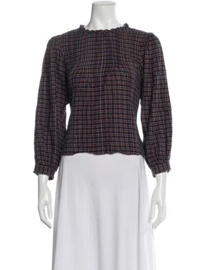 Pre-owned Doen Plaid Print Crew Neck Blouse In Blue