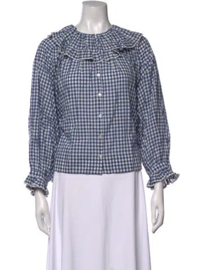 Pre-owned Doen Plaid Print Crew Neck Blouse In Blue