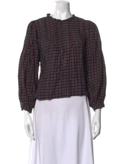 Pre-owned Doen Plaid Print Crew Neck Blouse In Blue