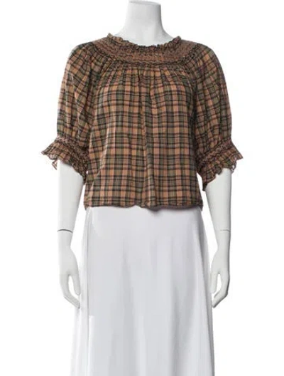 Pre-owned Doen Plaid Print Crew Neck Blouse In Brown