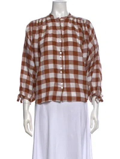 Pre-owned Doen Plaid Print Crew Neck Blouse In Brown