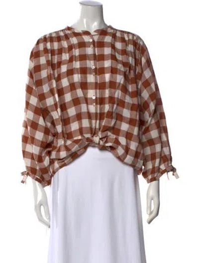 Pre-owned Doen Plaid Print Crew Neck Blouse In Brown