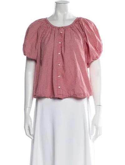 Pre-owned Doen Plaid Print Crew Neck Blouse In Red