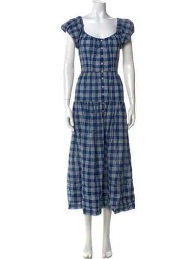 Pre-owned Doen Plaid Print Long Dress In Blue