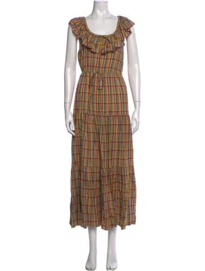 Pre-owned Doen Plaid Print Long Dress In Green