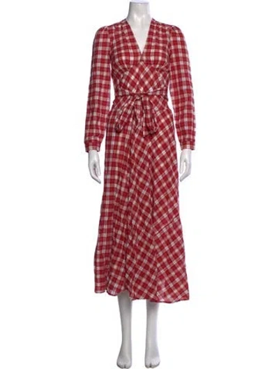 Pre-owned Doen Plaid Print Long Dress In Red