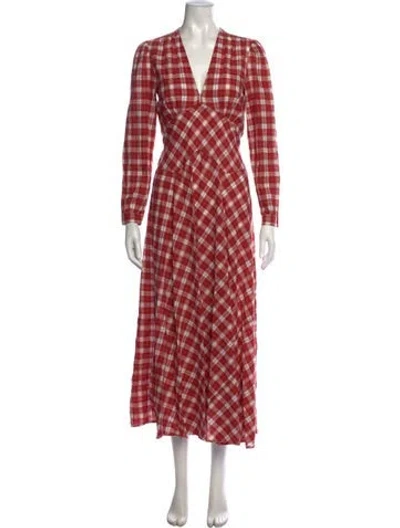 Pre-owned Doen Plaid Print Long Dress In Red