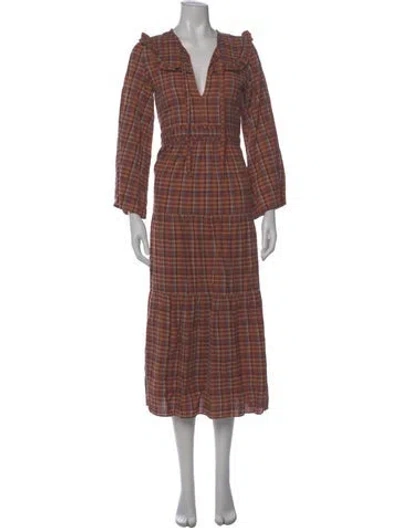 Pre-owned Doen Plaid Print Long Dress W/ Tags In Orange