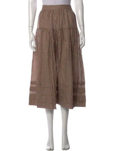 Pre-owned Doen Plaid Print Long Skirt In Brown