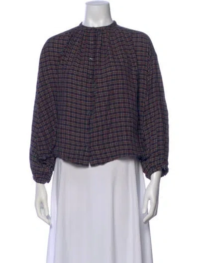 Pre-owned Doen Plaid Print Long Sleeve Blouse In Blue