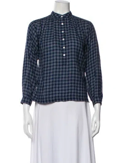 Pre-owned Doen Plaid Print Long Sleeve Blouse In Blue