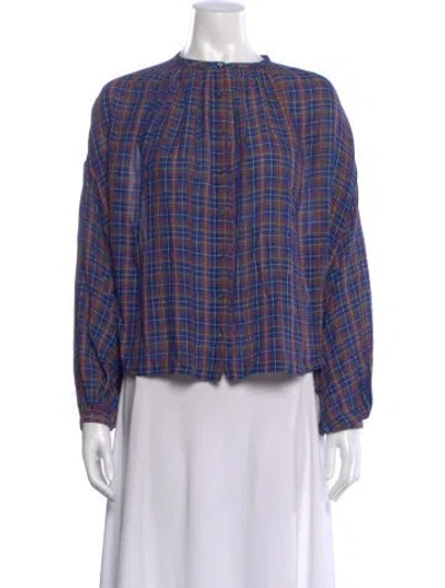 Pre-owned Doen Plaid Print Long Sleeve Blouse In Blue
