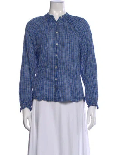 Pre-owned Doen Plaid Print Long Sleeve Blouse In Blue