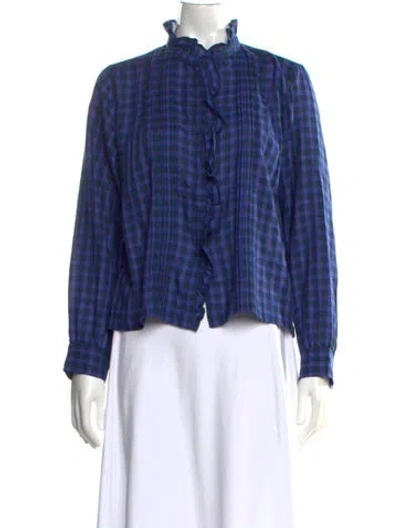 Pre-owned Doen Plaid Print Long Sleeve Blouse In Blue
