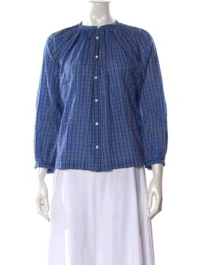 Pre-owned Doen Plaid Print Long Sleeve Blouse In Blue
