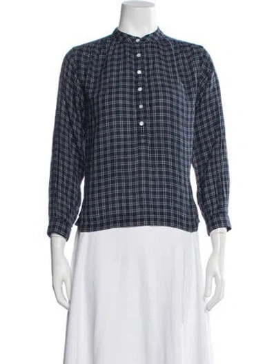Pre-owned Doen Plaid Print Long Sleeve Blouse In Blue