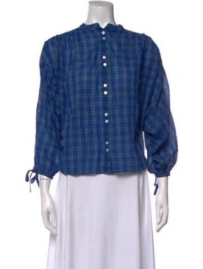 Pre-owned Doen Plaid Print Long Sleeve Blouse In Blue