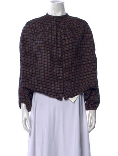 Pre-owned Doen Plaid Print Long Sleeve Blouse In Blue