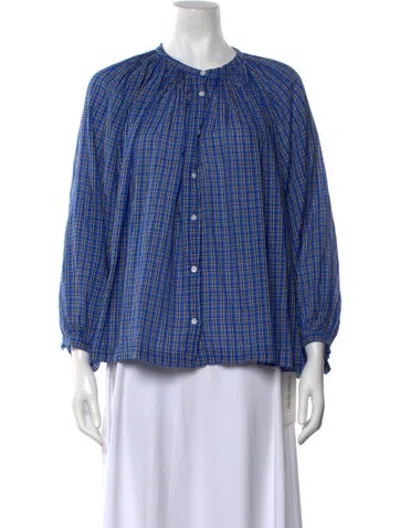 Pre-owned Doen Plaid Print Long Sleeve Blouse In Blue